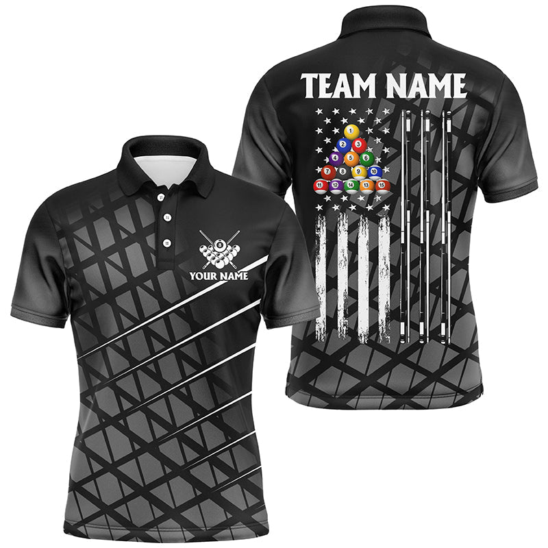 Blisscorners Personalized Black Grunge American Flag Men Billiard Shirts Custom Patriotic Pool Player Jerseys