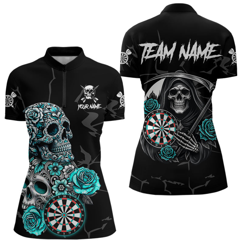 Blisscorners Personalized Funny Turquoise Skull Roses Darts Shirt For Men Custom Darts Team Jersey, Dart Outfit