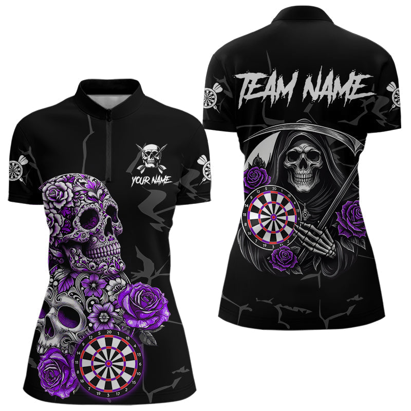 Blisscorners Personalized Funny Purple Skull Roses Darts Shirt For Men Custom Darts Team Jersey, Darts Outfit