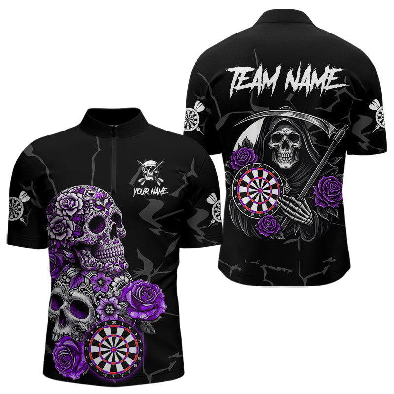 Blisscorners Personalized Funny Purple Skull Roses Darts Shirt For Men Custom Darts Team Jersey, Darts Outfit