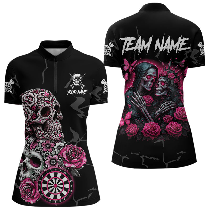 Blisscorners Personalized Pink Skull Roses Gothic Romance Darts Shirt For Men, Dart Jersey Outfit, Dart Gifts