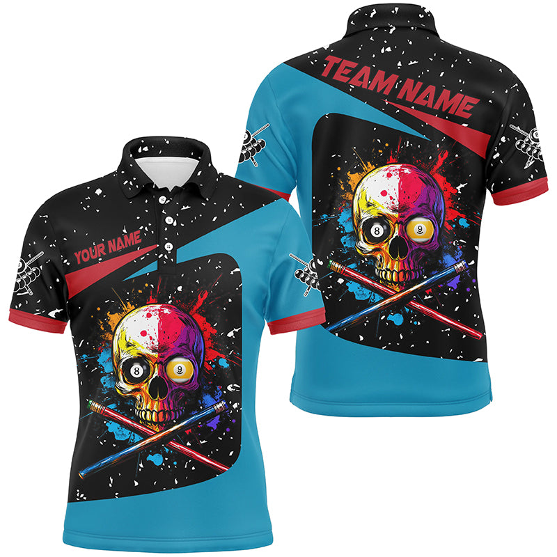 Blisscorners Personalized Colorful Skull 8 Ball 9 Ball Billiard Shirts For Men Custom Grunge Billiard Jerseys