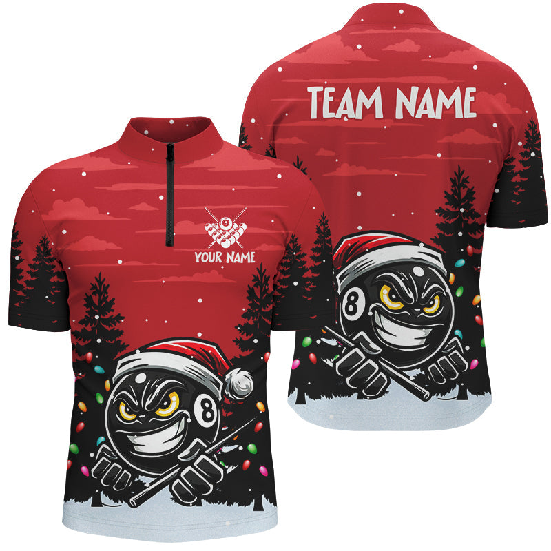 Blisscorners Personalized Red Christmas Santa 8 Ball Pool Billiard Shirts For Men, Funny Xmas Billiard Jerseys
