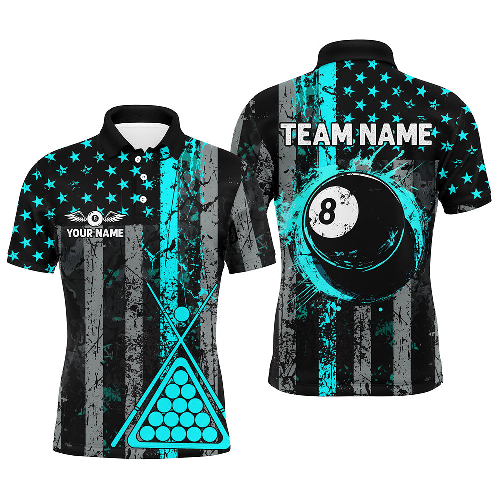 Blisscorners Custom Turquoise Grunge US Flag Patriotic Billiard Shirt For Men Retro 8 Ball Pool Billiard Jersey