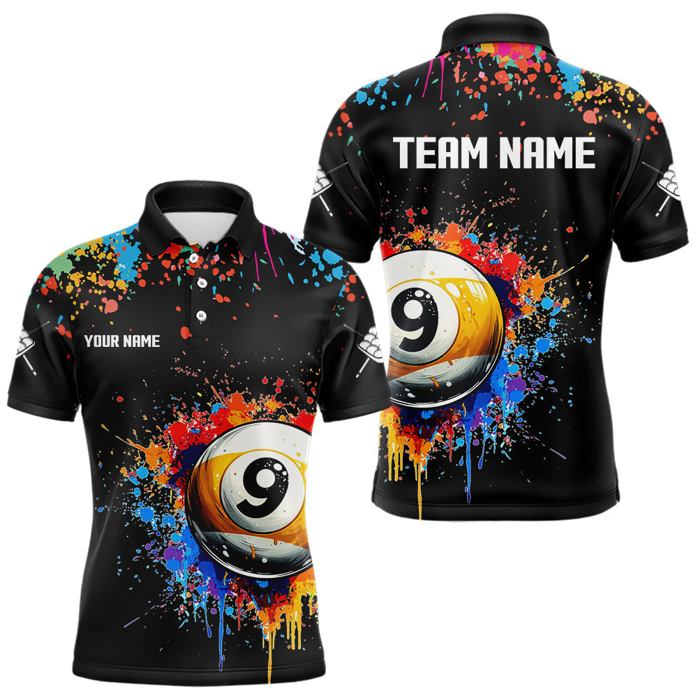 Blisscorners Funny 9 Ball Pool Colorful Paint Splash Custom Billiard Shirt For Men, Billiard Team Jersey | Black