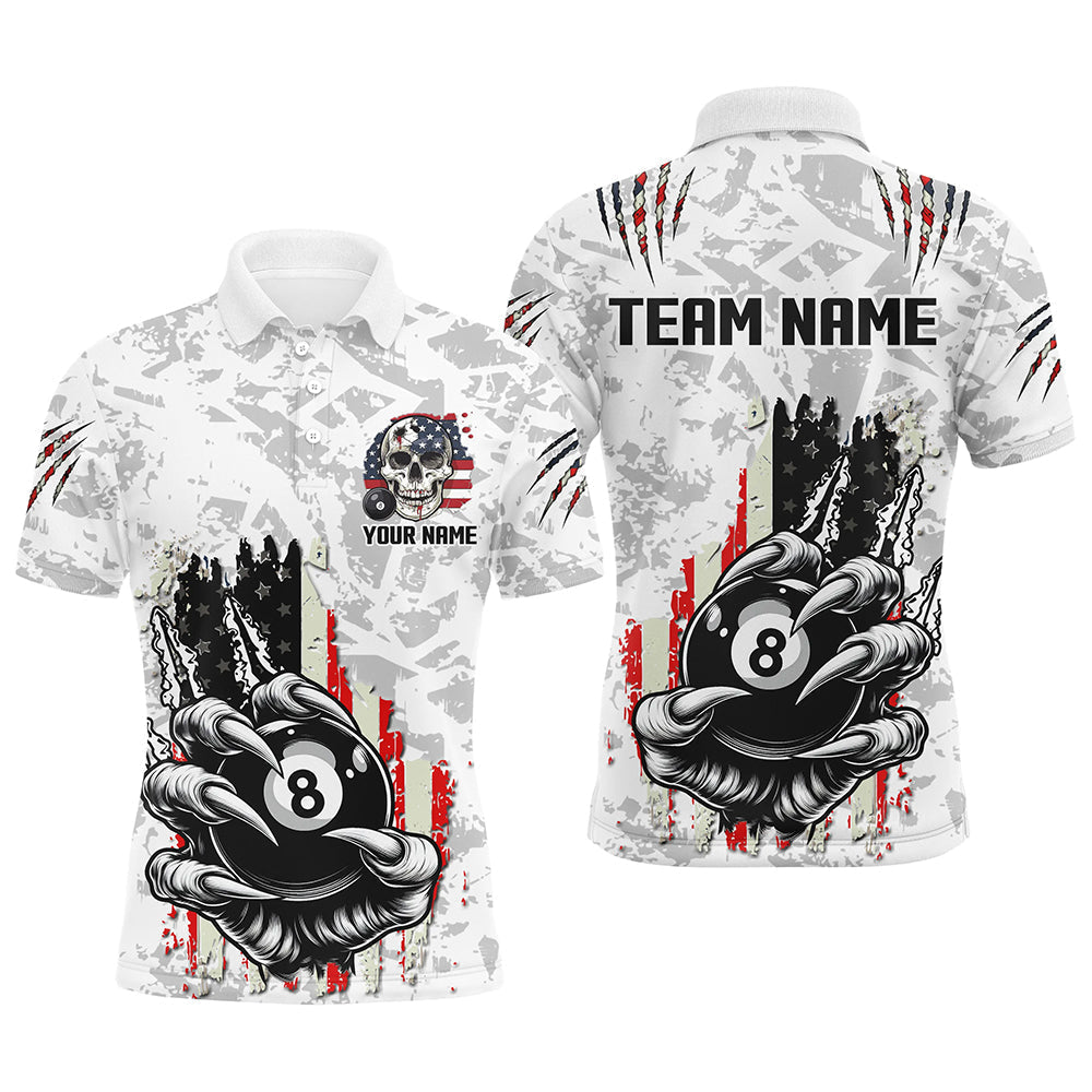 Blisscorners Funny Claw Tearing US Flag 8 Ball Pool Custom Billiard White Color Shirts For Men, Patriotic Billiard Jerseys