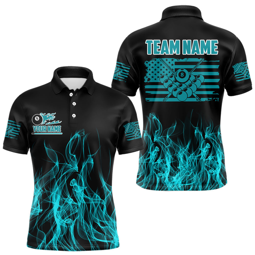 Blisscorners Turquoise Flaming American Flag Men's Billiard Shirt Custom Patriotic Pool Player Billiard JerseyLM2206