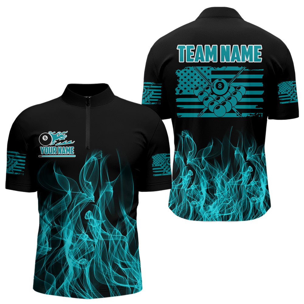 Blisscorners Turquoise Flaming American Flag Men's Billiard Shirt Custom Patriotic Pool Player Billiard JerseyLM2206