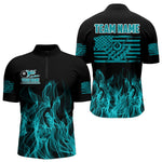Blisscorners Turquoise Flaming American Flag Men's Billiard Shirt Custom Patriotic Pool Player Billiard JerseyLM2206