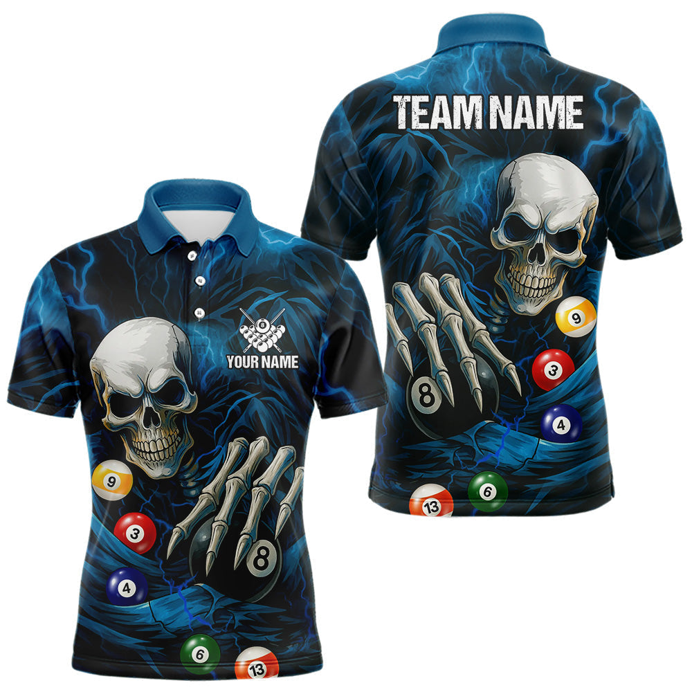 Blisscorners Personalized Blue Funny Skeleton Pool Balls Billiard Shirt For Men, Skull Billiard Team Jerseys LM1307