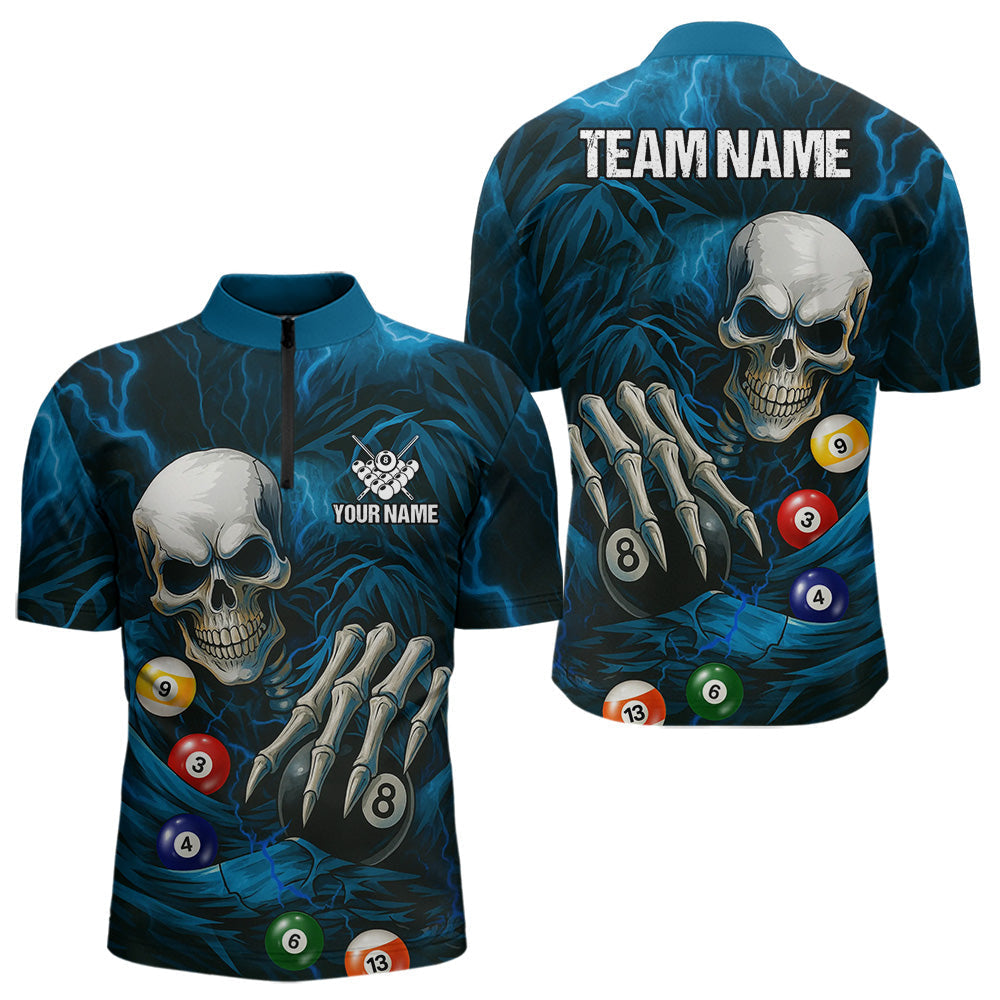 Blisscorners Personalized Blue Funny Skeleton Pool Balls Billiard Shirt For Men, Skull Billiard Team Jerseys LM1307