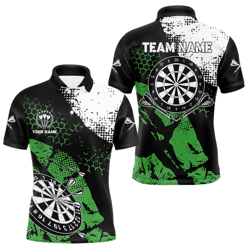 Blisscorners Retro Black Green Grunge Pattern Darts Polo, Quarter Zip Custom Men  Dart Shirt Team Dart Jersey