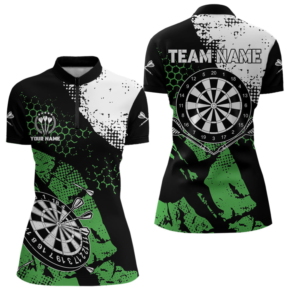 Blisscorners Retro Black Green Grunge Pattern Darts Polo, Quarter Zip Custom Men  Dart Shirt Team Dart Jersey