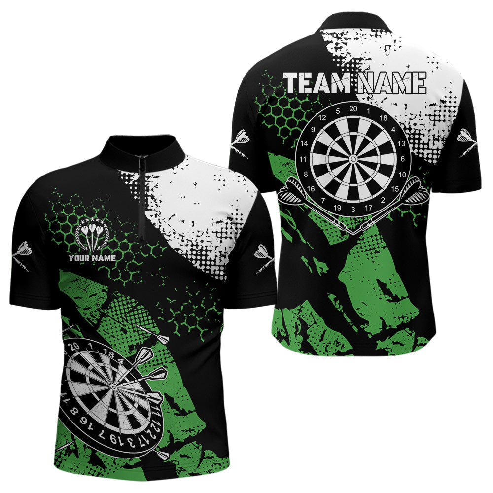 Blisscorners Retro Black Green Grunge Pattern Darts Polo, Quarter Zip Custom Men  Dart Shirt Team Dart Jersey