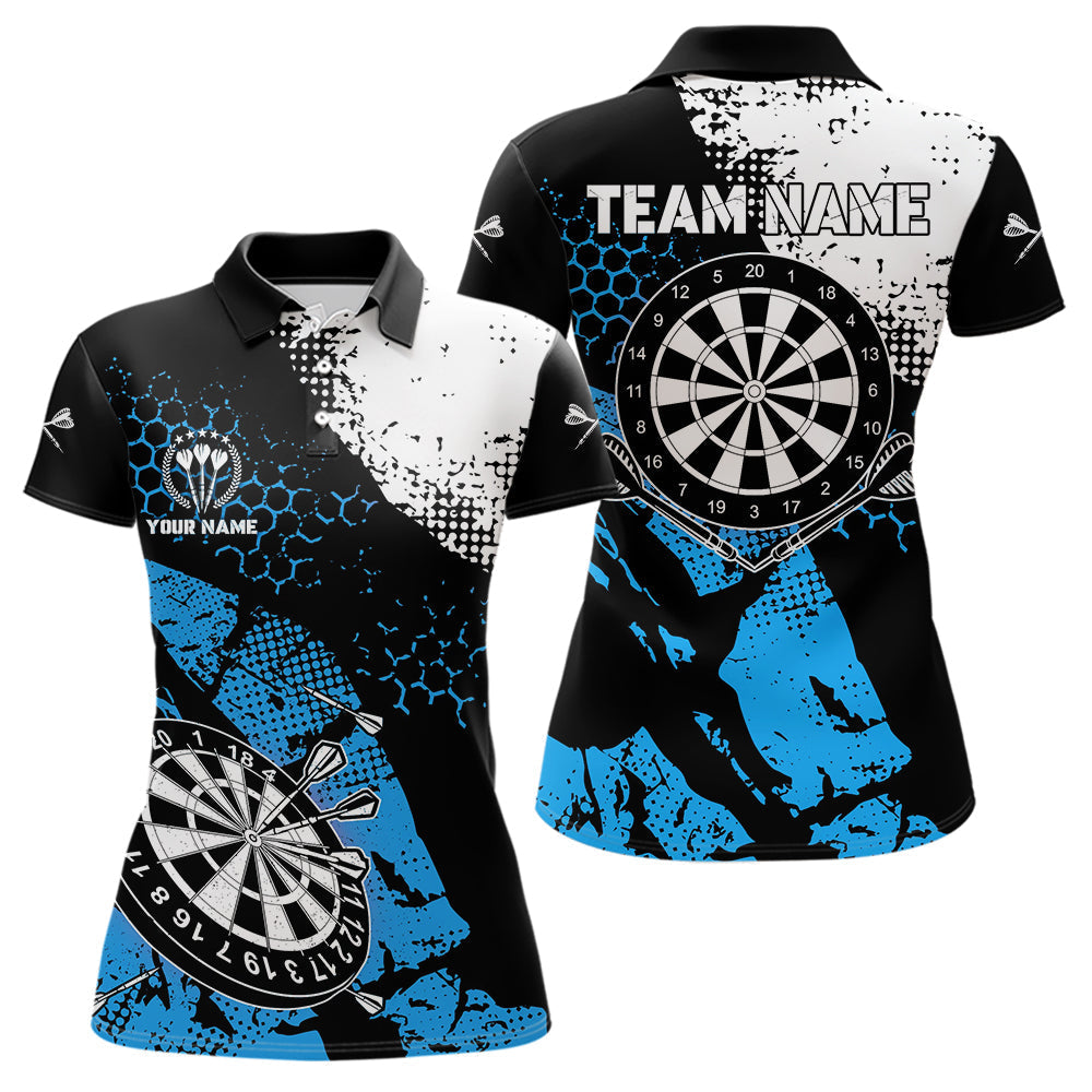 Blisscorners Retro Black Blue Grunge Pattern Darts Polo, Quarter Zip Custom Men Dart Shirt Team Dart Jersey