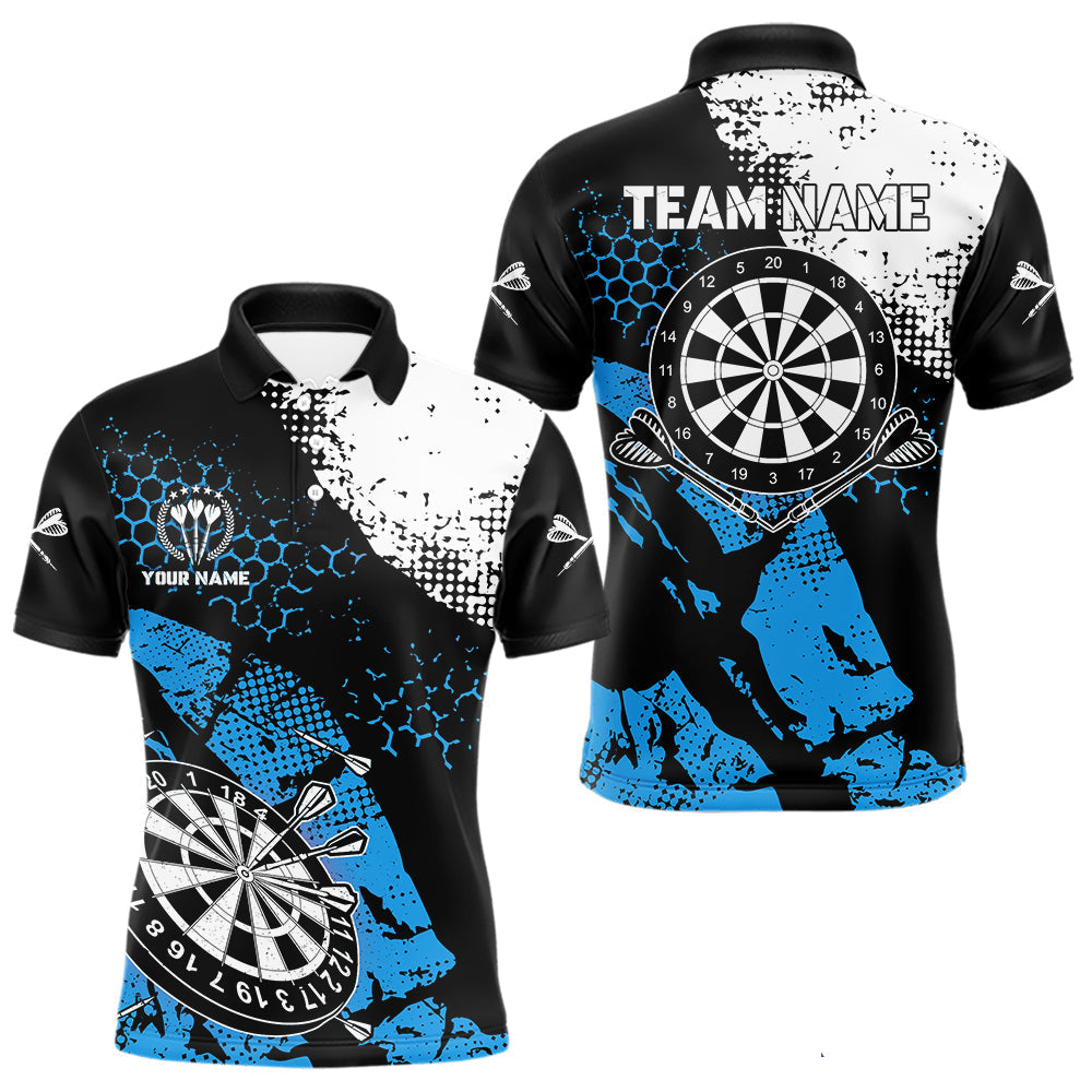 Blisscorners Retro Black Blue Grunge Pattern Darts Polo, Quarter Zip Custom Men Dart Shirt Team Dart Jersey