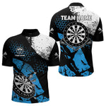 Blisscorners Retro Black Blue Grunge Pattern Darts Polo, Quarter Zip Custom Men Dart Shirt Team Dart Jersey