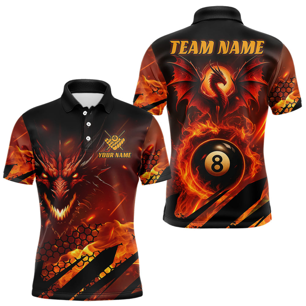 Blisscorners Personalized Orange Flame Dragon 8 Ball Billiard Shirt For Men, Pool Team Jersey Polo & 1/4 Zip MT1607