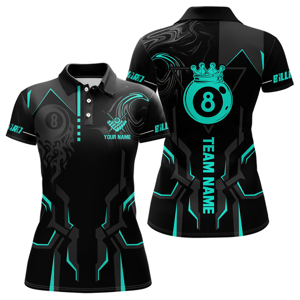 Blisscorners Custom 8 Ball Pool Crown Men Billiard Shirts, Turquoise And Black Billiard Team Shirt, Pool Jersey