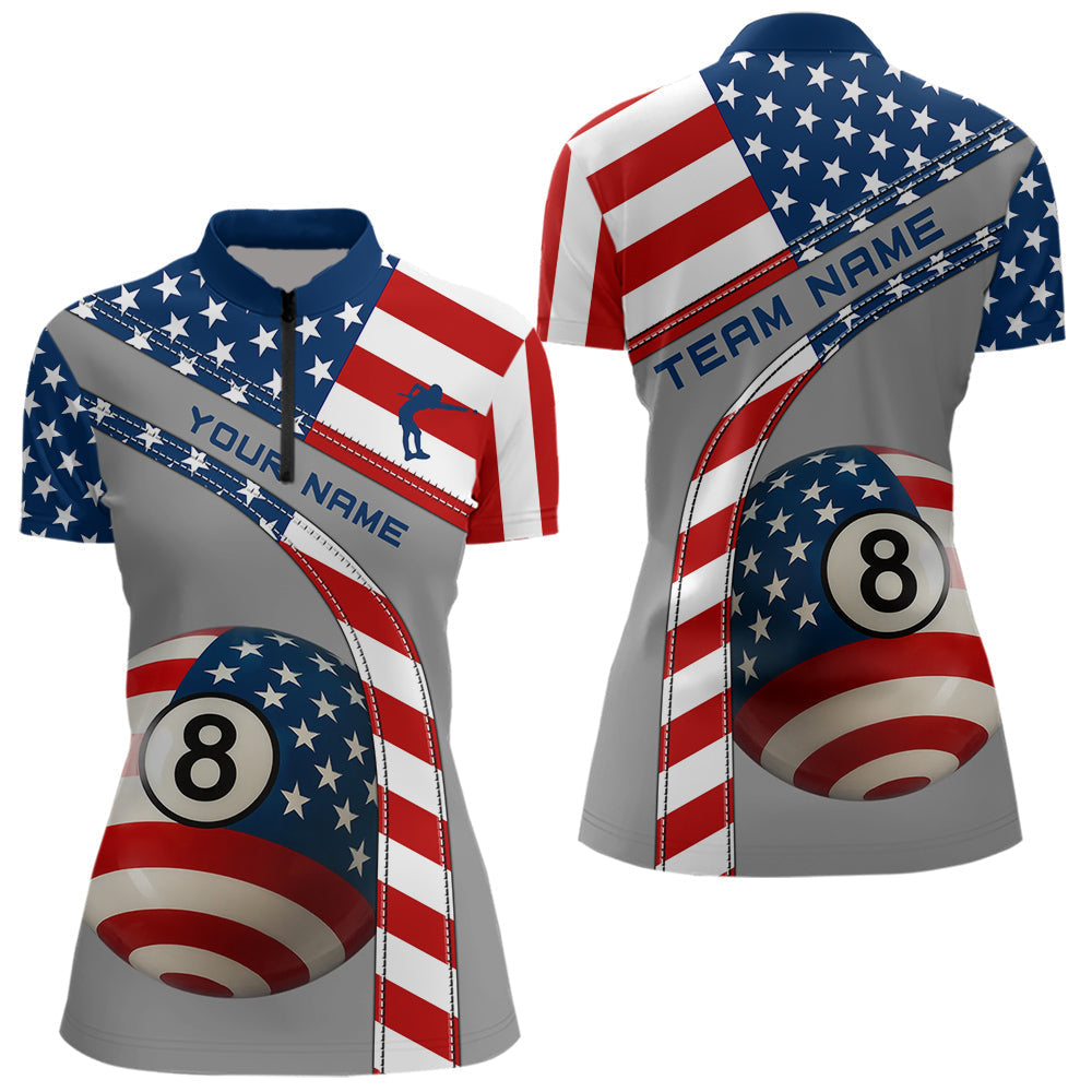 Blisscorners Custom Men 8 Ball Billiard Shirts, American Flag Polo & 1/4 Zip Patriotic Pool Team Jerseys