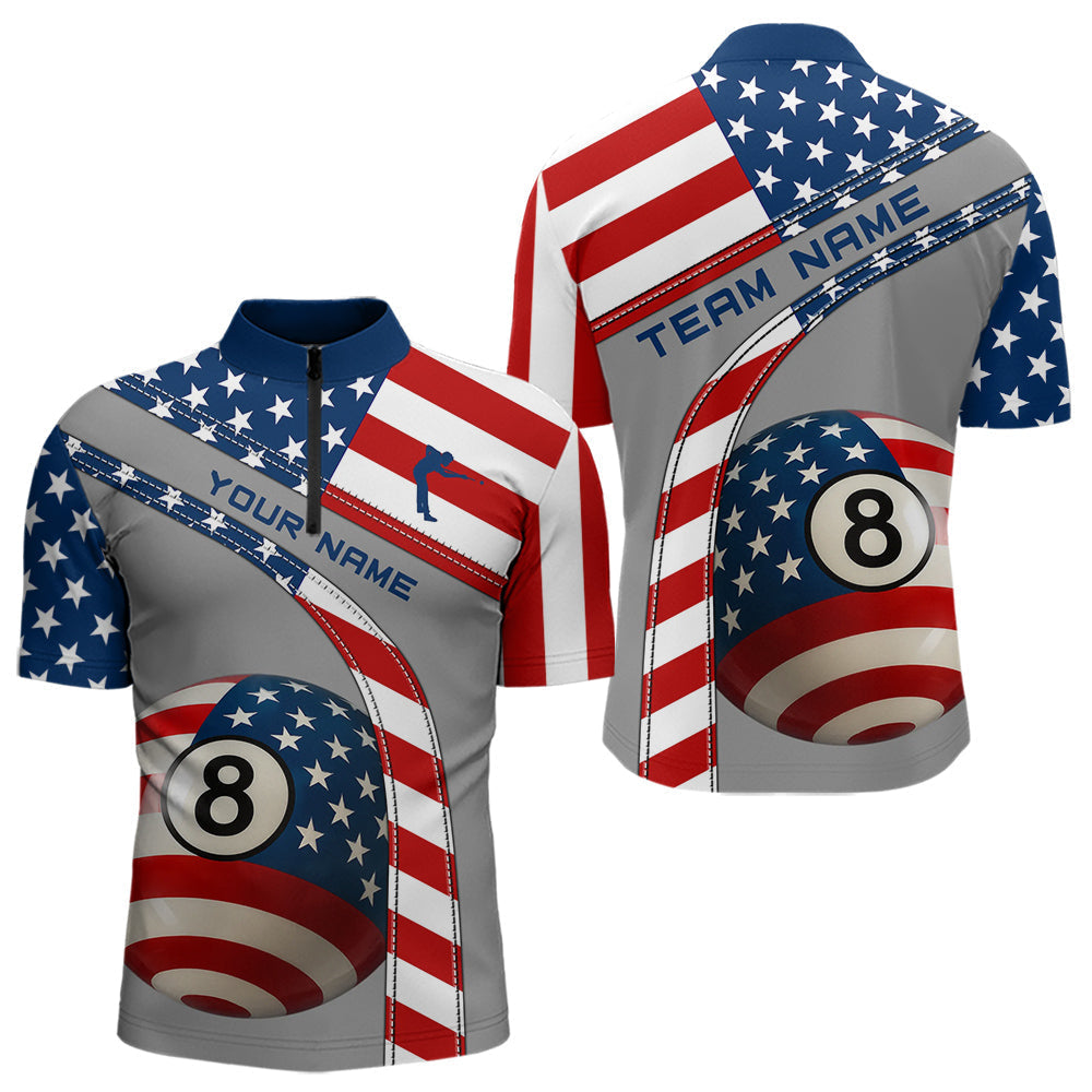 Blisscorners Custom Men 8 Ball Billiard Shirts, American Flag Polo & 1/4 Zip Patriotic Pool Team Jerseys