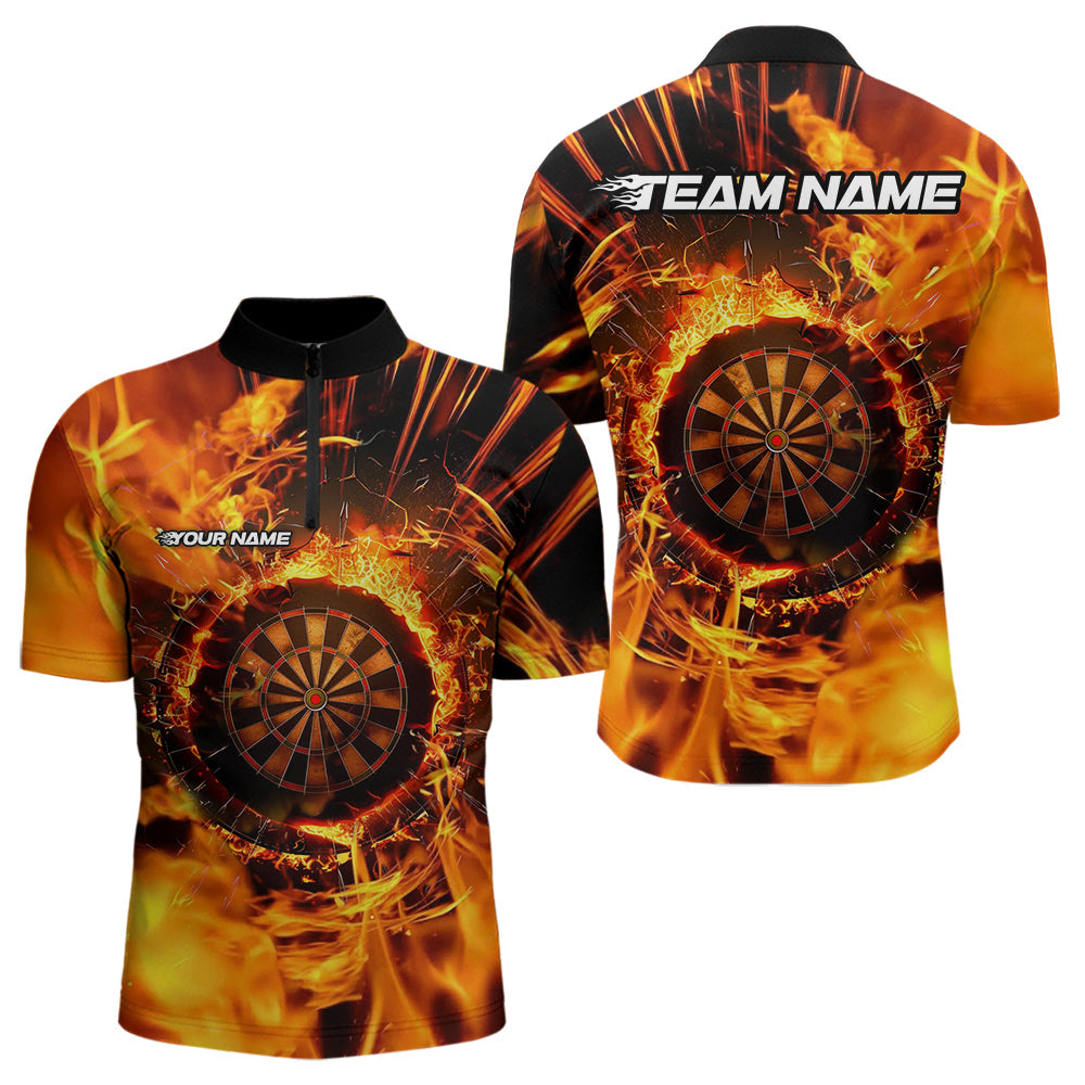 Blisscorners Personalized Orange Swirling Fire Flame Dart Shirts With Pocket For Men Custom Darts Team Jersey
