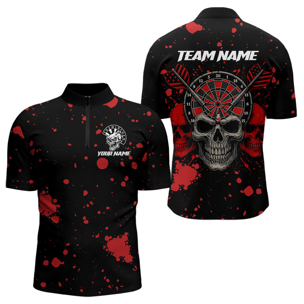 Blisscorners Black And Red Paint Skull Dart Shirts For Men Custom Dart Jerseys, Darts Team Shirt Polo & 1/4 Zip LM1625