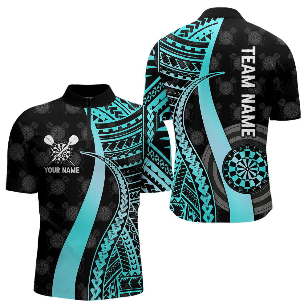 Blisscorners Personalized Black And Turquoise Tribal Dart Shirts For Men Custom Dart Jersey Team Polo & 1/4 ZipMT0306