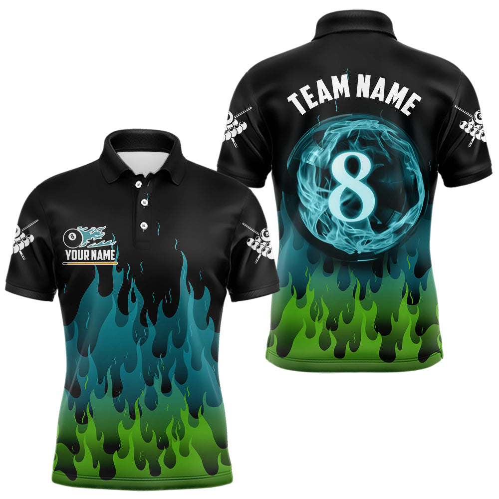 Blisscorners Green And Blue Flaming 8 Ball Pool Men Billiard Polo & 1/4 Zip Custom Pool Team Player Jersey