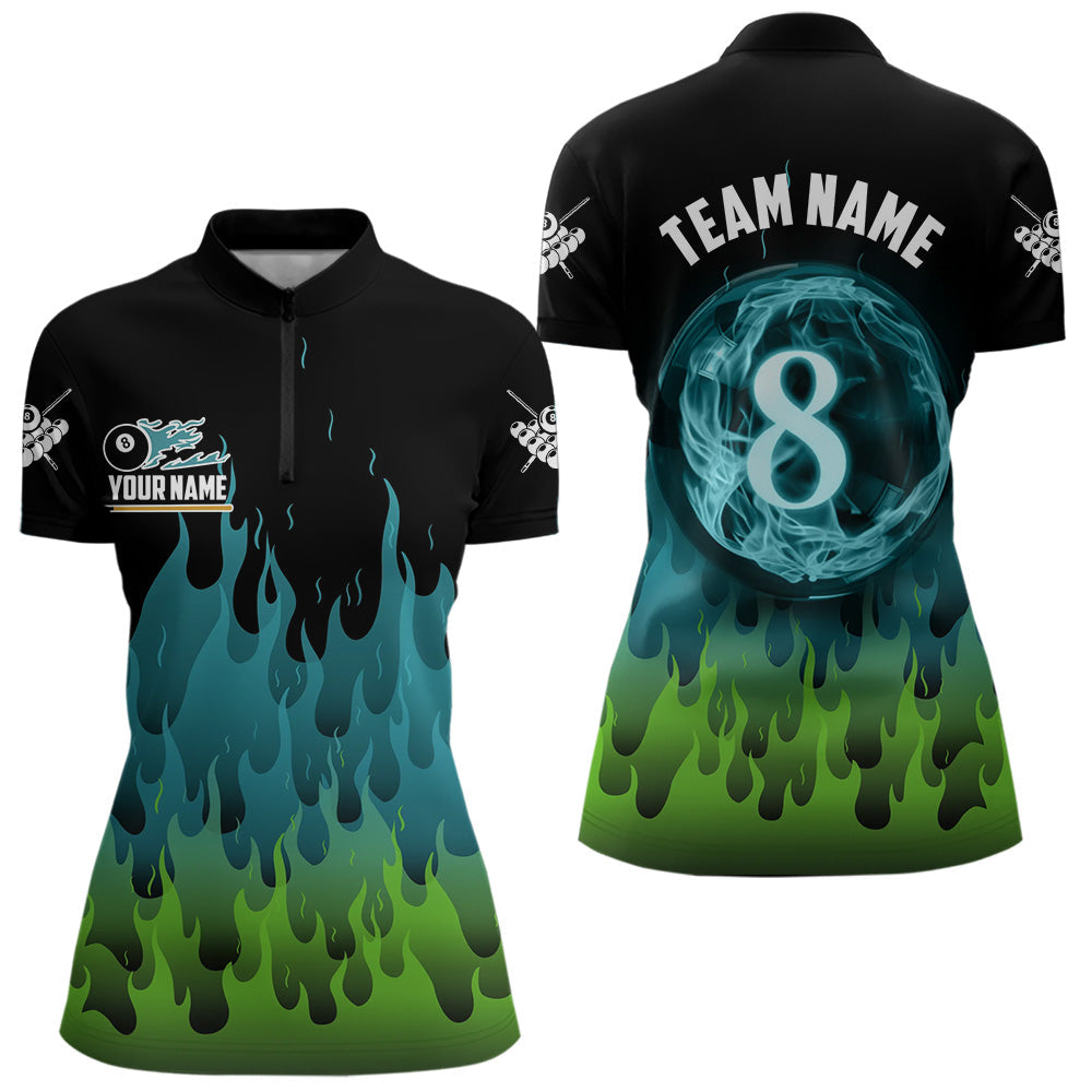 Blisscorners Green And Blue Flaming 8 Ball Pool Men Billiard Polo & 1/4 Zip Custom Pool Team Player Jersey