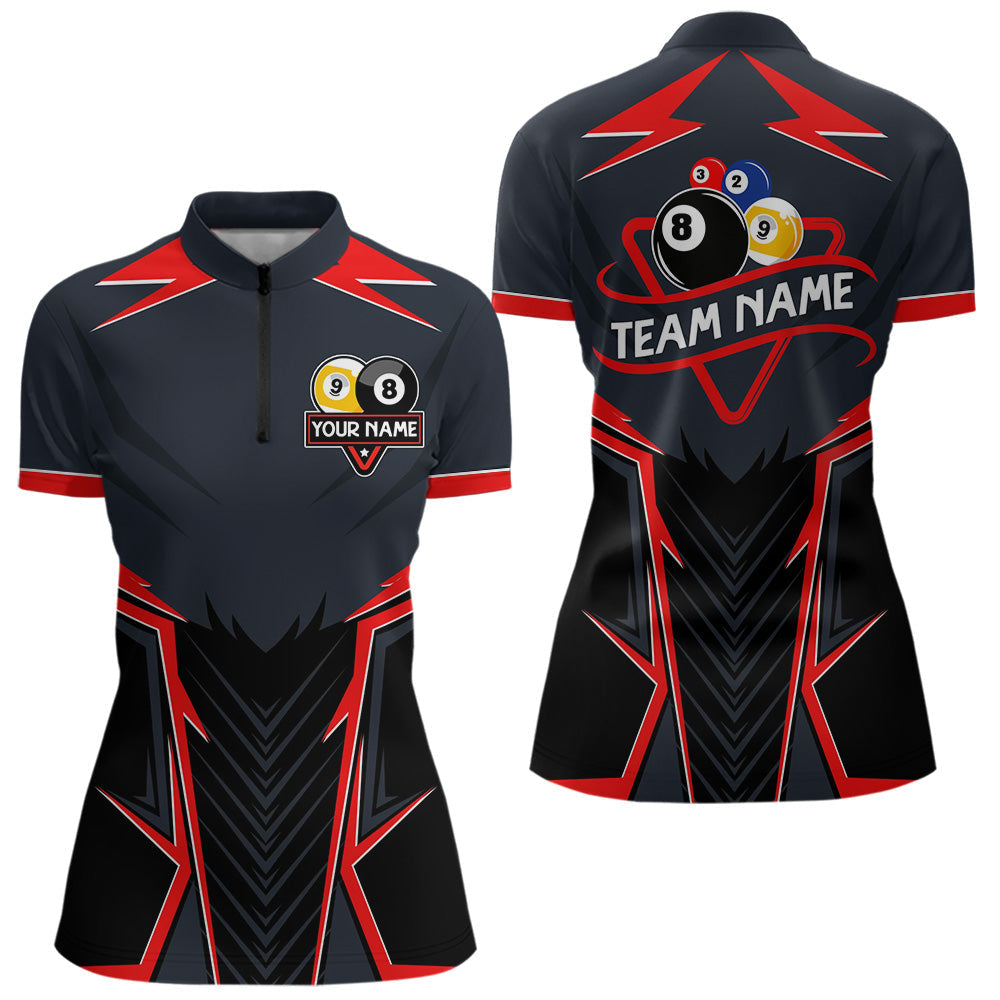 Blisscorners Billiard Jerseys For Women& Men Custom Polo & 1/4 Zip Billiard Team Shirt, 8 Ball & 9 Ball Pool Shirt|Red