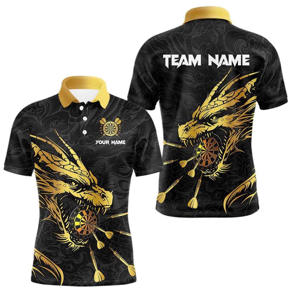 Blisscorners Personalized Black Gold Dragon Dart Shirts For Men Custom Darts League Team Jersey Polo & 1/4 Zip