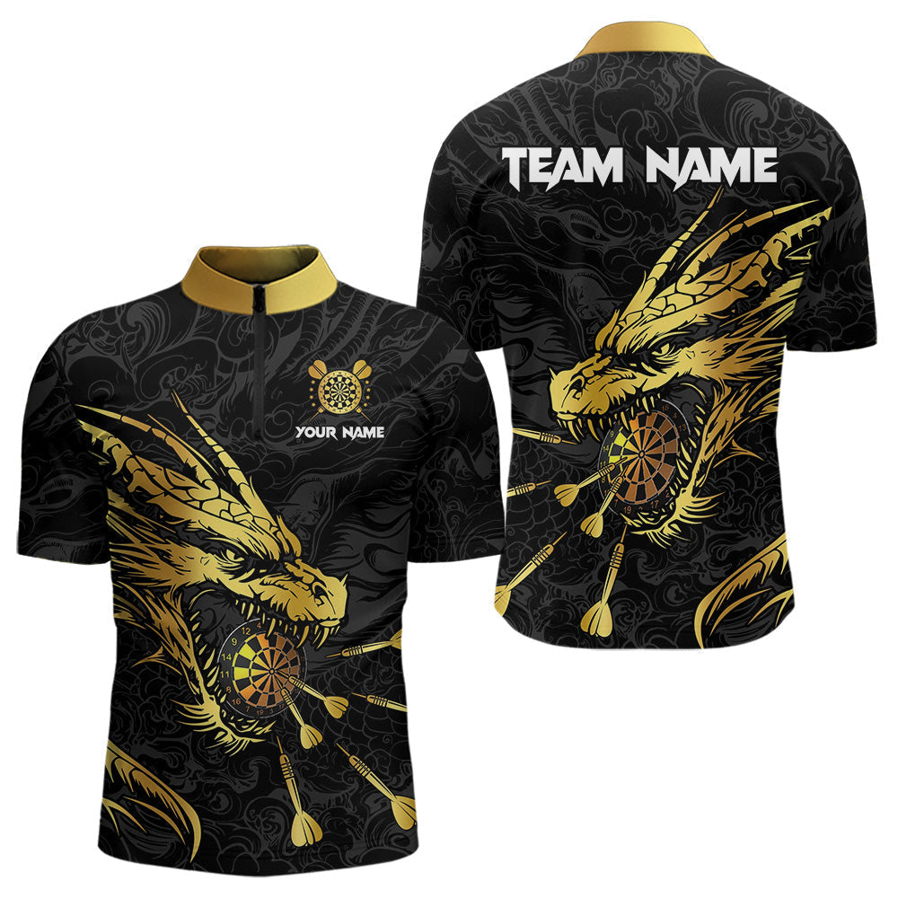 Blisscorners Personalized Black Gold Dragon Dart Shirts For Men Custom Darts League Team Jersey Polo & 1/4 Zip