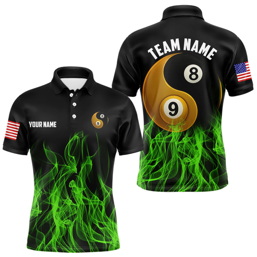 Maxxcorners Green Flaming Ying And Yang 8 Ball & 9 Ball Billiard Shirt For Men Custom Pool Billiard Jersey MT0307