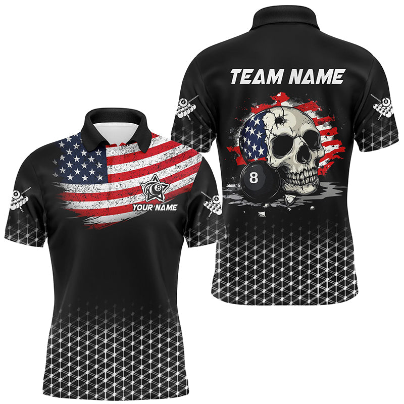 Blisscorners Personalized Patriotic Skull 8 Ball Billiard Shirts For Men Custom American Flag Billiard Jerseys