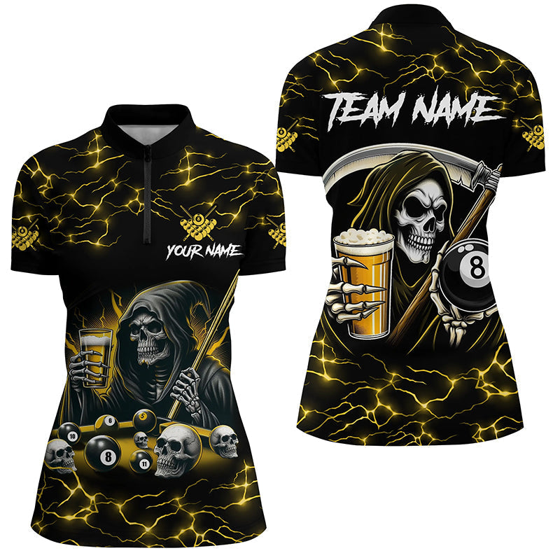 Blisscorners Yellow Funny Death Skeleton & Beer Billiard Shirts For Women Custom 8 Ball Lightning Billiard Jerseys