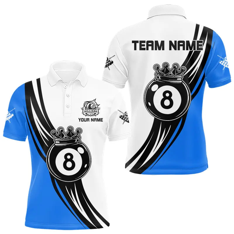 Blisscorners Personalized Black White 8 Ball Pool Crown Men Billiard Shirts, Billiard 8 Ball Team Jerseys |Blue
