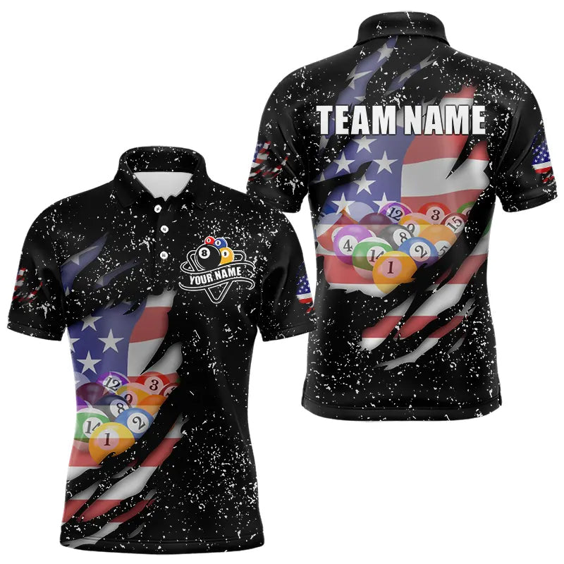 Blisscorners Personalized Grunge Black American Flag Billiard Shirts For Men Custom 8 Ball Pool Billiard Jersey