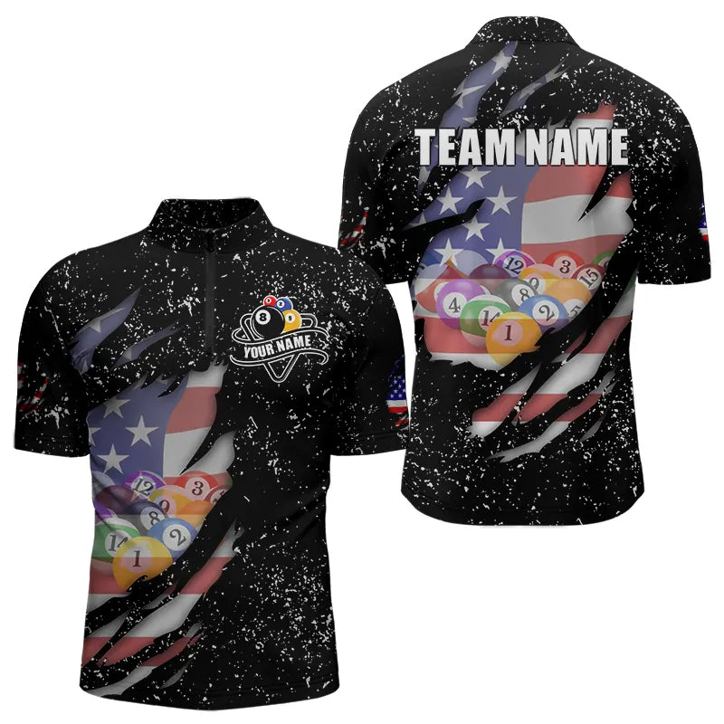 Blisscorners Personalized Grunge Black American Flag Billiard Shirts For Men Custom 8 Ball Pool Billiard Jersey