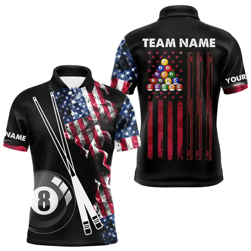 Blisscorners Personalized US Flag Smoke 8 Ball Pool Billiard Shirt For Men Custom Patriotic Billiard Team Jersey