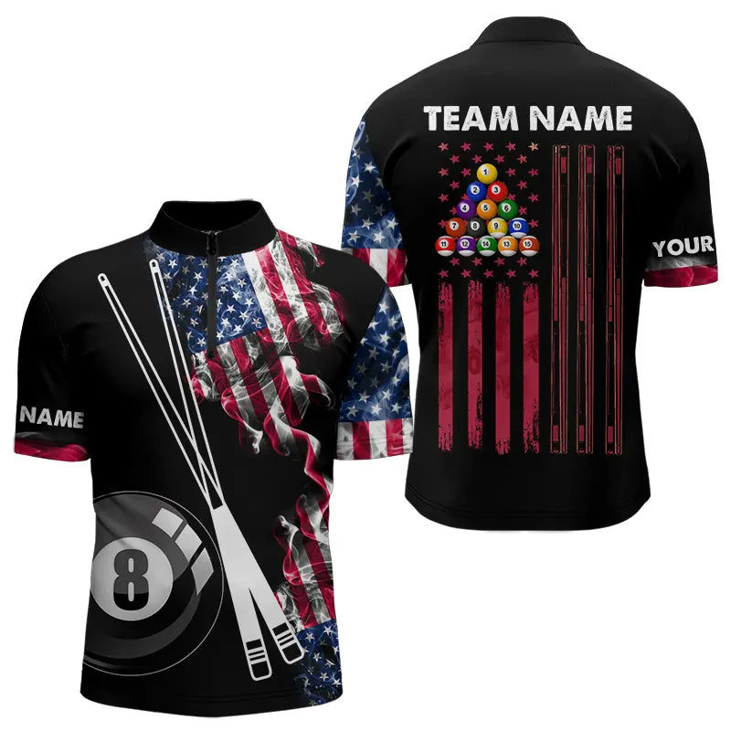 Blisscorners Personalized US Flag Smoke 8 Ball Pool Billiard Shirt For Men Custom Patriotic Billiard Team Jersey