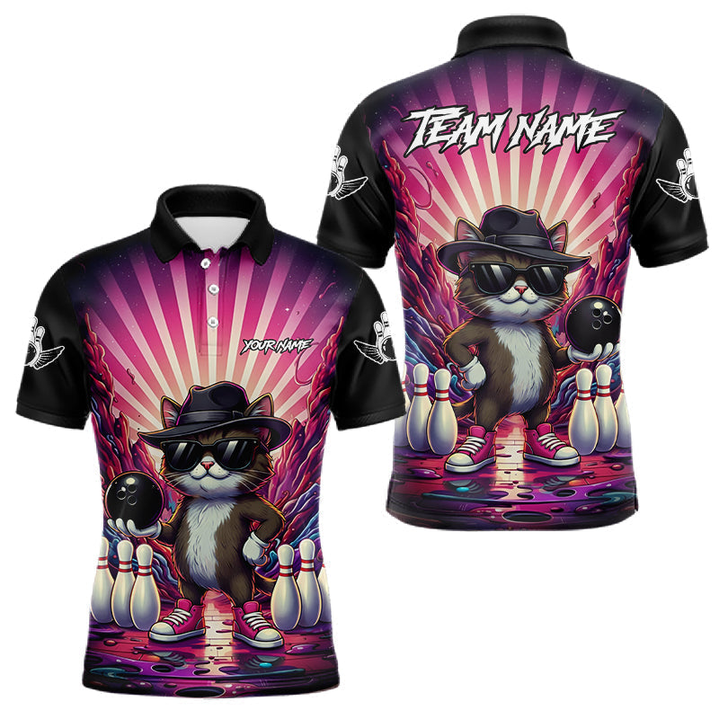 Blisscorners Pink Funny Cat Bowling Jersey For Men Custom Neon Graffiti Bowling Shirt Team Polo &amp; 1/4 Zip  LM1501