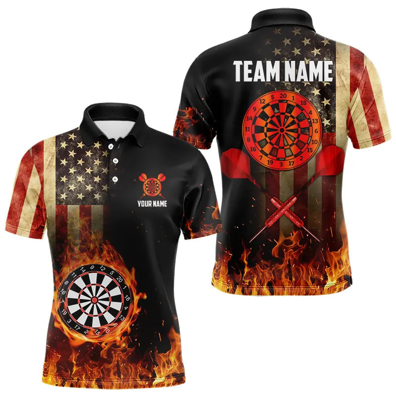 Blisscorners Personalized Retro Us Flag Flame Dartboard Darts Shirt For Men, Patriotic American Dart Jerseys