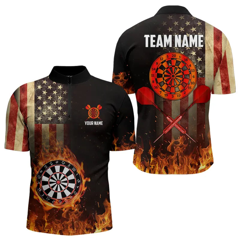 Blisscorners Personalized Retro Us Flag Flame Dartboard Darts Shirt For Men, Patriotic American Dart Jerseys