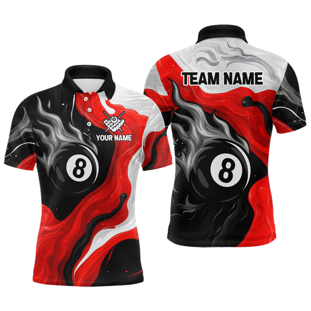 Blisscorners Personalized Black, Red And White 8 Ball Flame Billiard Shirt For Men Custom Pool Team Jerseys LM2206