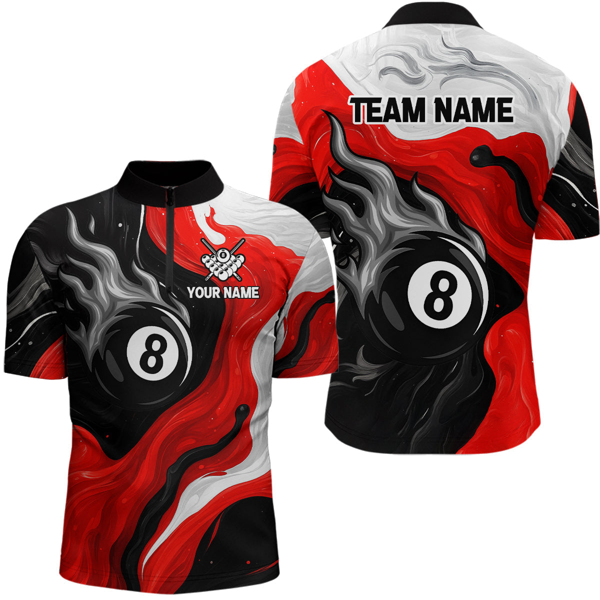 Blisscorners Personalized Black, Red And White 8 Ball Flame Billiard Shirt For Men Custom Pool Team Jerseys LM2206