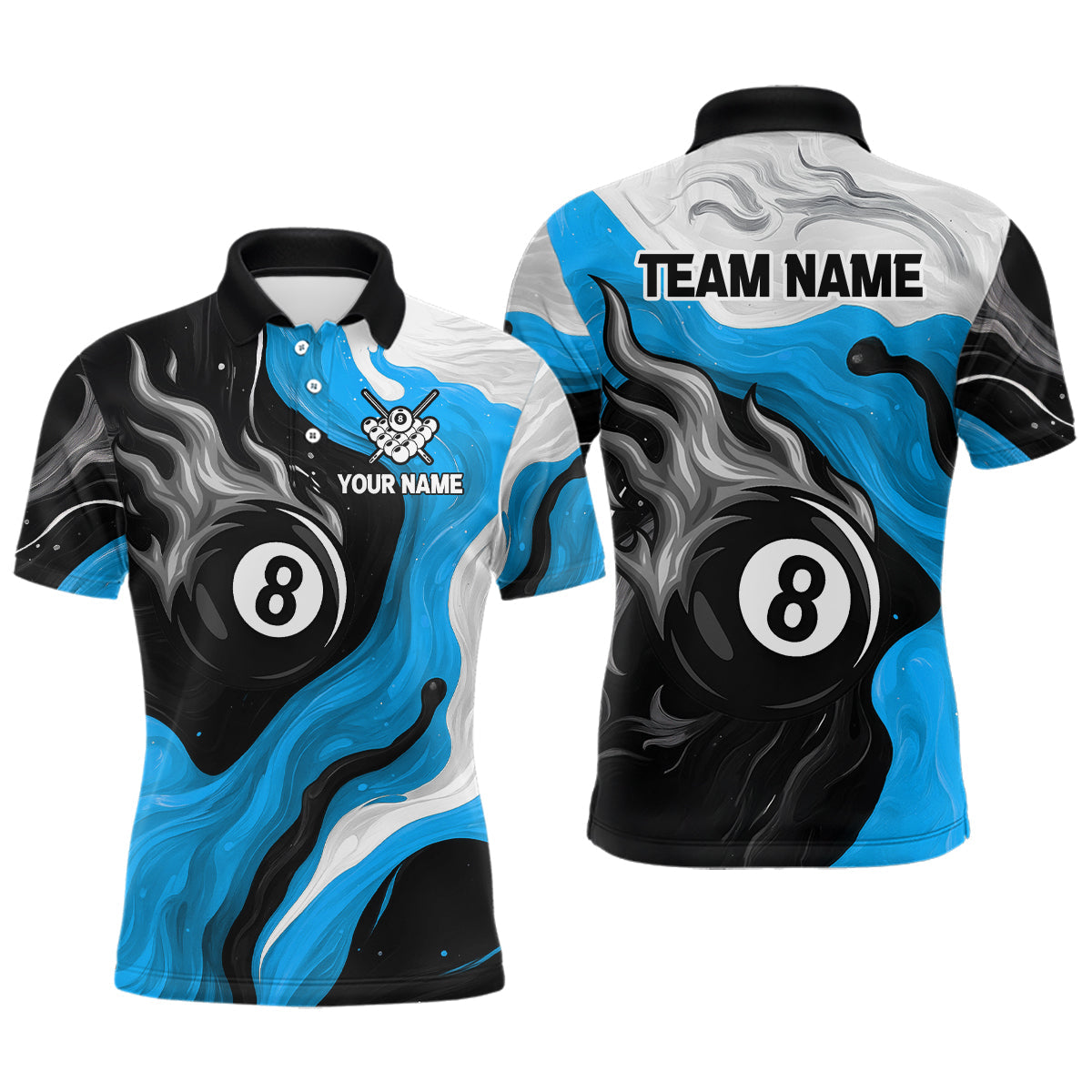 Blisscorners Personalized Black, Blue And White 8 Ball Flame Billiard Shirt For Men Custom Pool Team Jerseys T LM2206