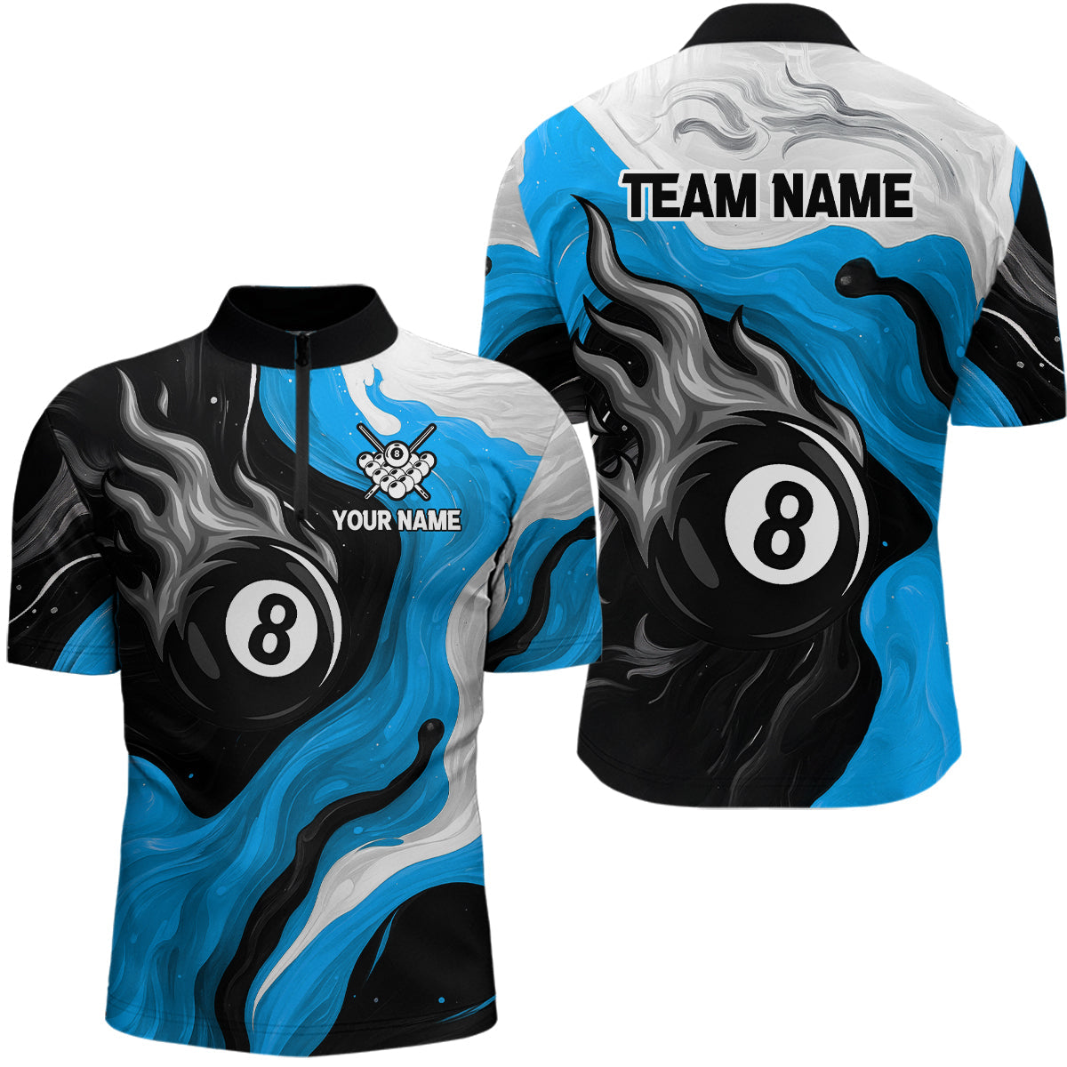 Blisscorners Personalized Black, Blue And White 8 Ball Flame Billiard Shirt For Men Custom Pool Team Jerseys T LM2206