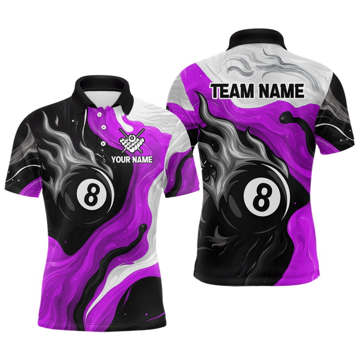 Blisscorners Personalized Black, Purple And White 8 Ball Flame Billiard Shirt For Men Custom Pool Team Jerseys LM2206