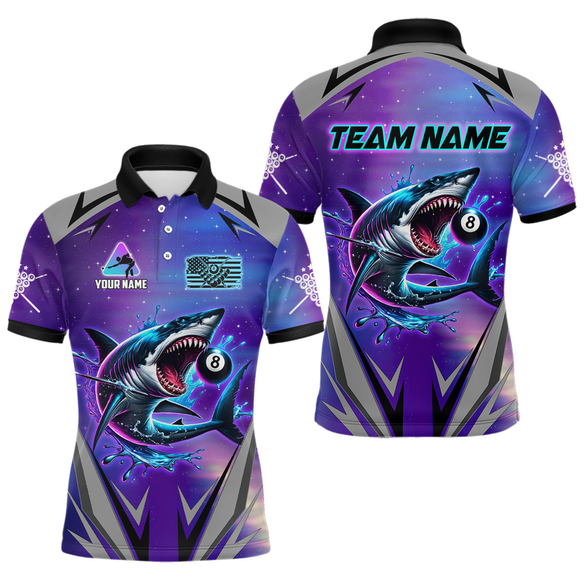 Blisscorners Personalized Shark 8 Ball Pool Billiard Shirt For Men Custom Purple Blue Billiard Team Jersey LM1307